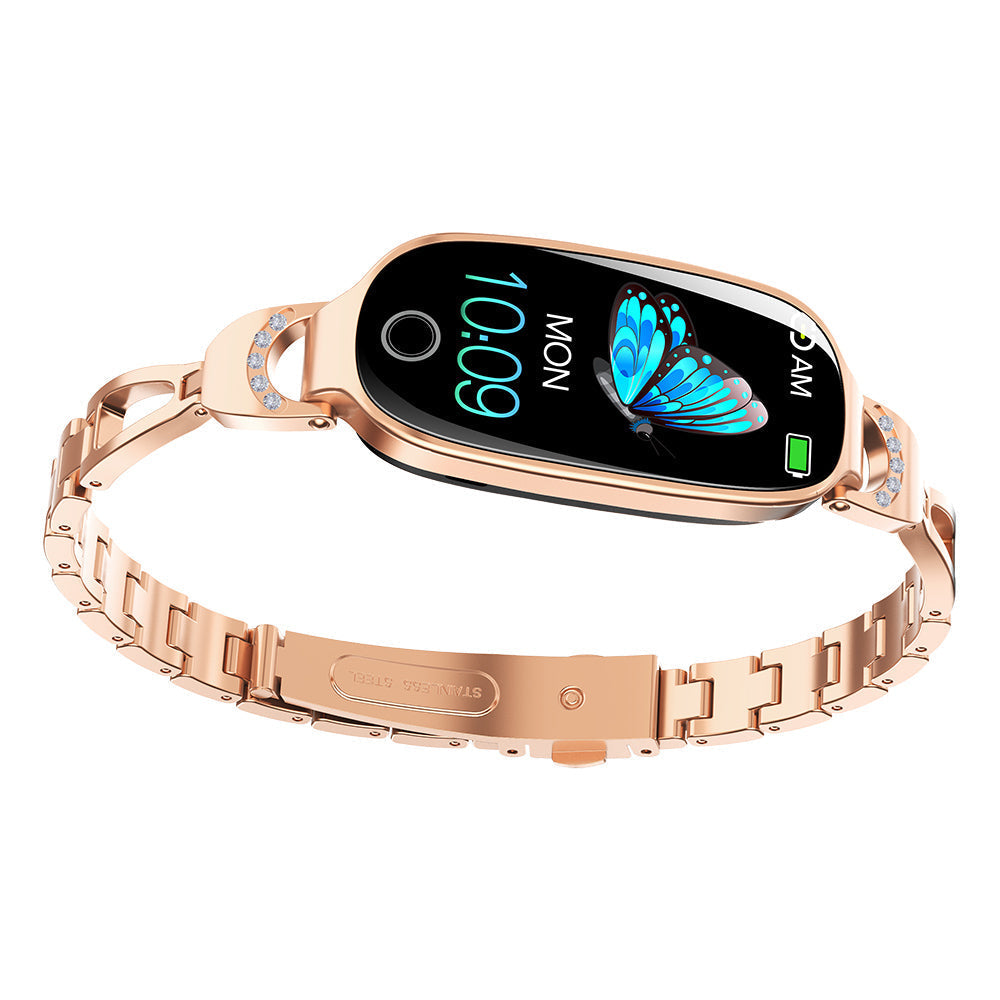Rose gold smartwatch with butterfly display on a white background